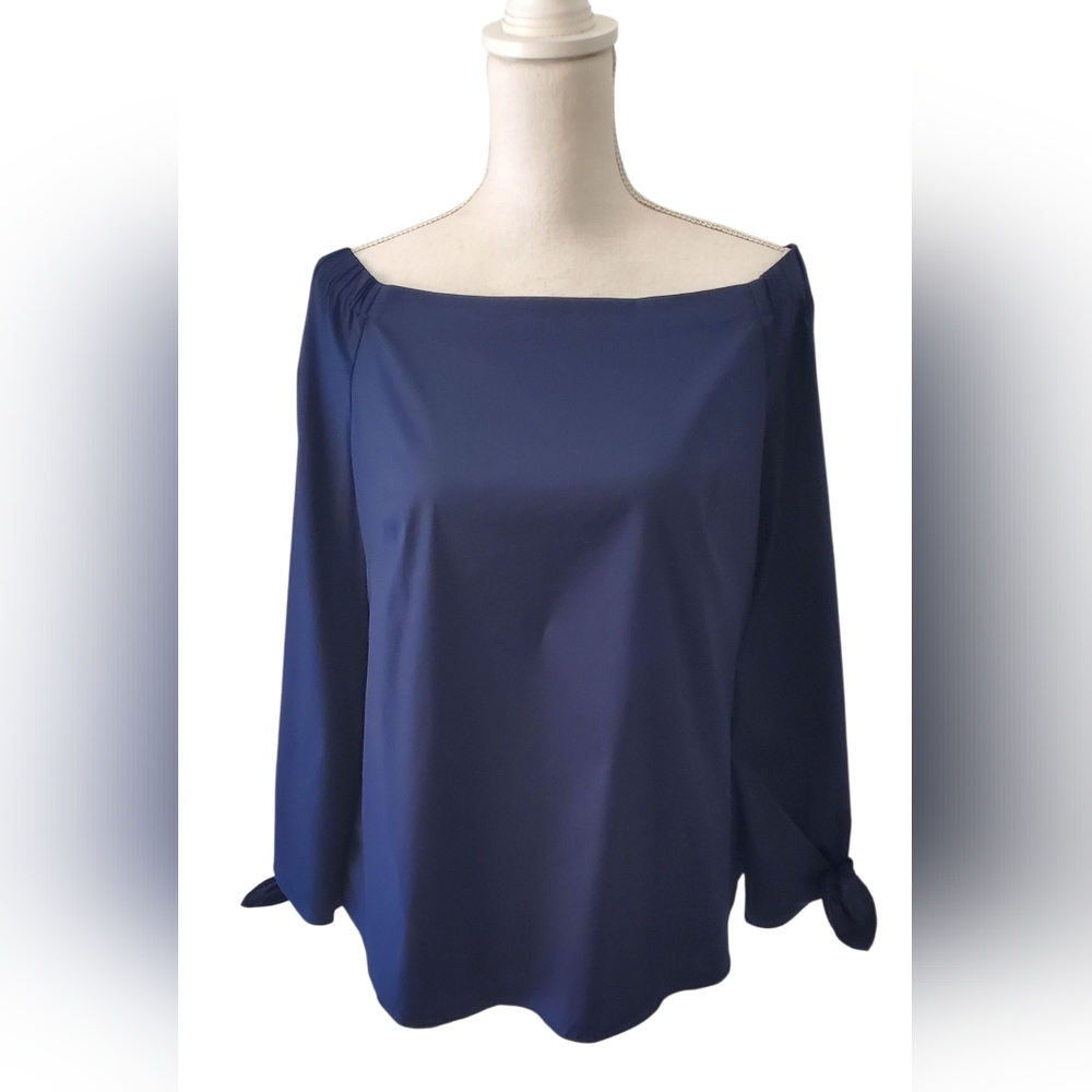 White House Black Market Navy Off-Shoulder Tie-Sleeve Top - Picture 2 of 9